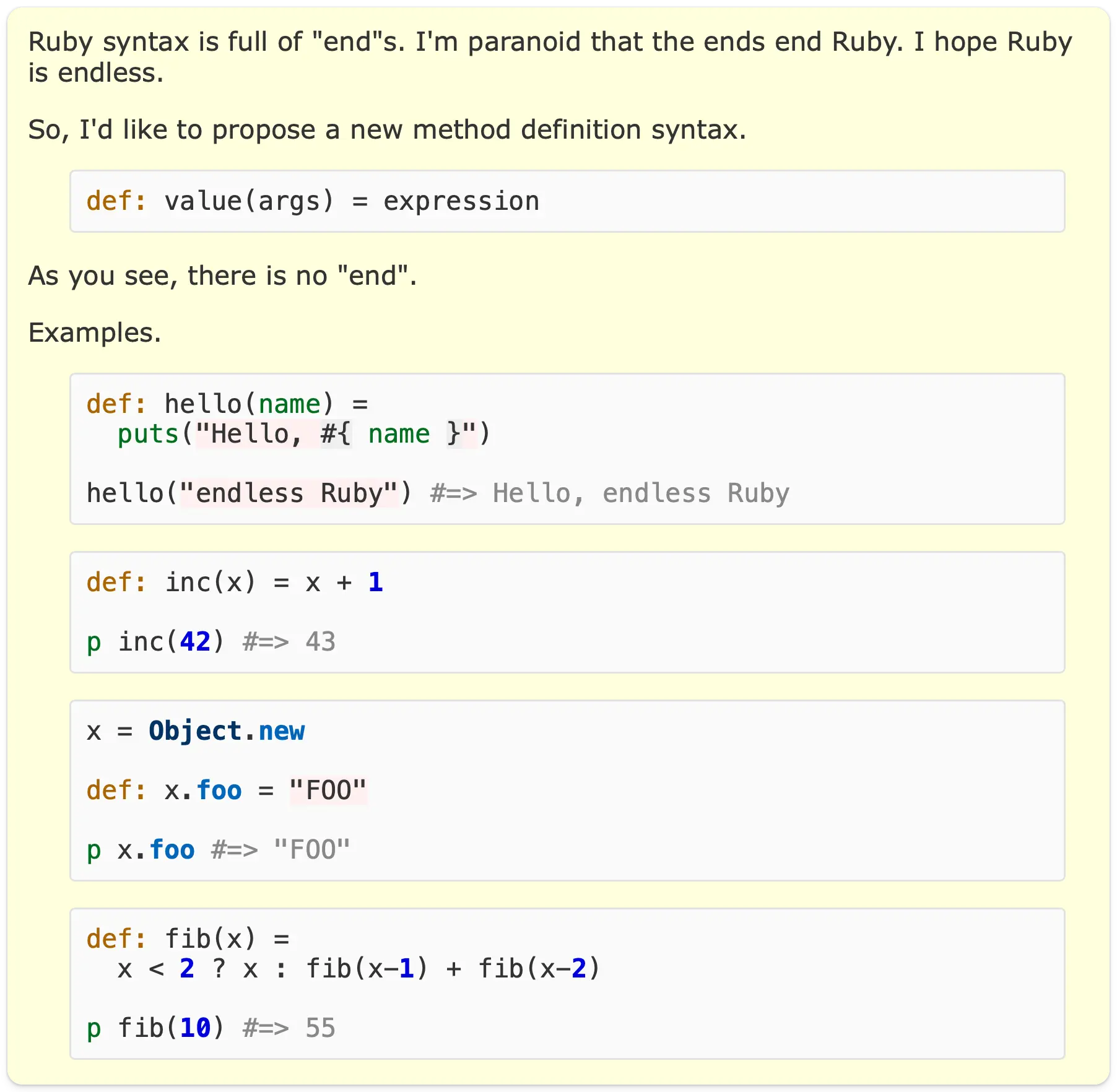 Endless method definition - proposal from Yusuke in Ruby tracker